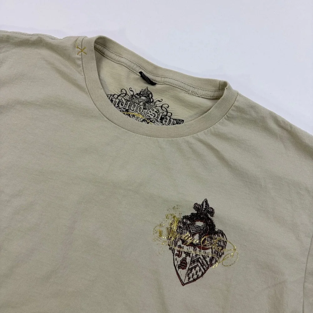 Y2K Indigo Star Graphic T-Shirt Mens Large Beige Face Death Live Life Tee